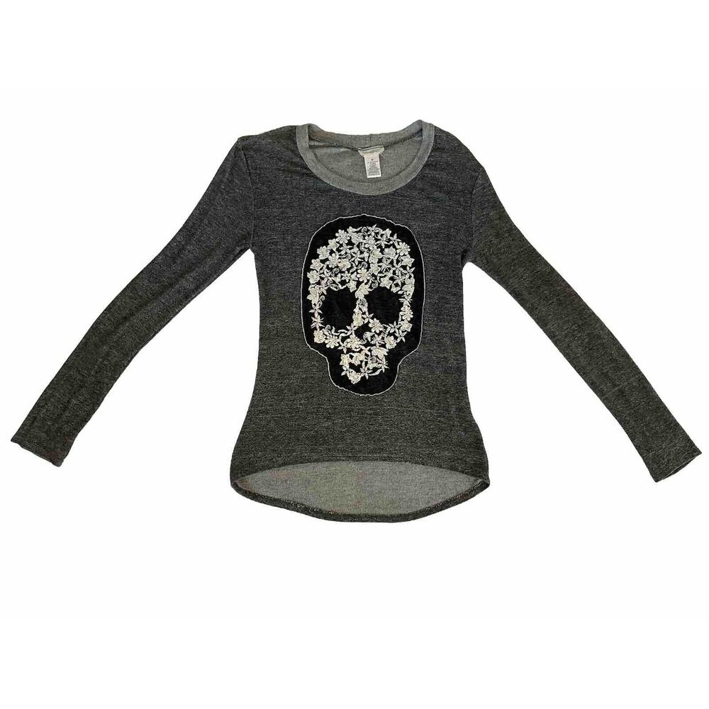 i-ner Skull Embordered Womens Long Sleeve Shirt Gray, Black, White Medium Grunge